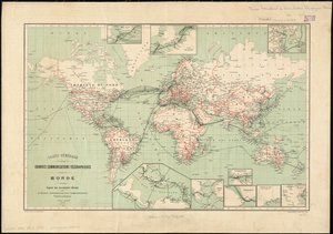 Kansainvälisen lennätintoimiston julkaisema lennätinlinjojen maailmankartta, 1901    Mittakaava: [n. 1:70 000 000]